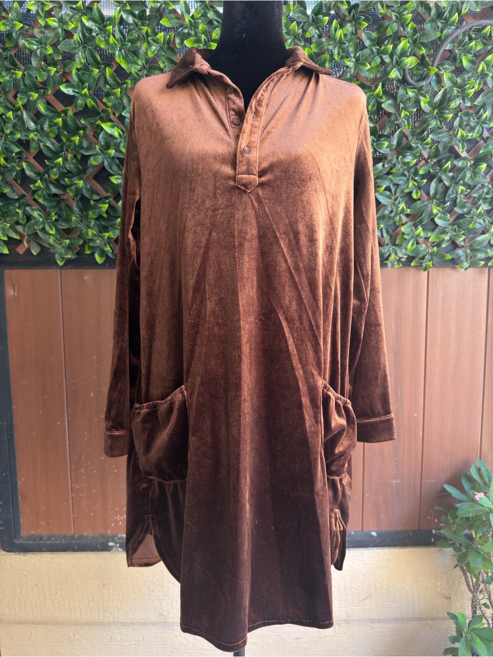EARTHBOUND Chocolate Brown Velvet Midi Shirt Dress